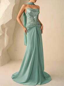 Coutiva 优雅抹胸上衣，串珠亮片缝边雪纺鱼尾裙摆派对礼服，适合生日派对、婚礼宾客、晚宴、毕业典礼等场合。 - 綠色 - 查看 11