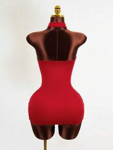 Mistrie 女士纯色简约休闲连衣裙 - 酒紅色 - 查看 2