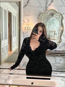 Vibekara 大码女式植绒扭纹V领修身长袖连衣裙，秋冬 - 黑色 - 查看 7