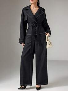 Heiryn New Autumn French Style Waist Belt Wrap Short Loose Denim Effect Suit - Navy Blue - View 2