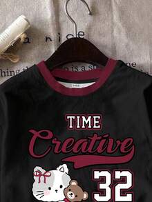SHEIN EZwear Casual Minimalist Cartoon Print Round Neck Loose Fit Women T-Shirt,Graphic Tees Spring - Multicolor - View 5