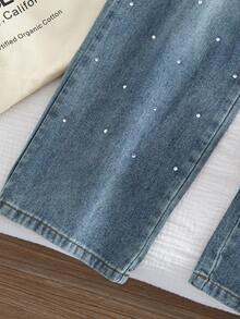 少女水钻装饰休闲牛仔裤 - 中等水洗藍 - 查看 4