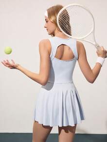 CourtClass Women's Round Neck Sleeveless Backless Design Ruffle Hem Pocket Fitted Sports Dress - Multicolor - View 1