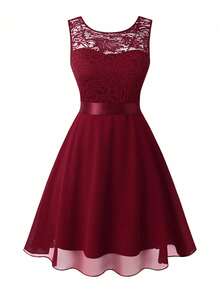 SHEIN Clasi Plus Size Women Summer Contrast Lace Round Neck Sleeveless Elegant Dress Burgundy Color Women Outfit - Burgundy - View 4
