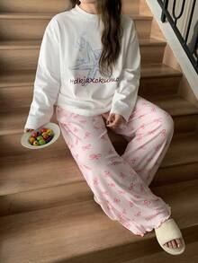 Dazy Plus 松紧腰宽松直筒蝴蝶印花可爱睡裤，春秋季 - 粉色 - 查看 6