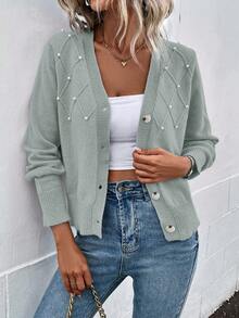 EMERY ROSE 女士纯色珍珠装饰开衫 - 薄荷綠 - 查看 3