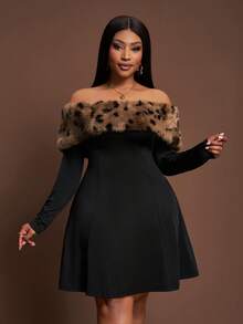 Veslaya 2025 New Autumn/Winter Faux Fur Patchwork Off Shoulder Long Sleeve A-Line Dress, Suitable For Party, Outing, Daily Wear, Gathering, Nightclub Plus Size Black Dress Curvy Black Dress Black Off Shoulder Dress Plus Size Leopard Trim Dress Black Skater Dress - Black - View 5