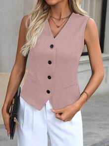 EMERY ROSE Áo vest cổ chữ V màu trơn thanh lịch dành cho nữ khi đi làm - Bụi hồng - Xem 6