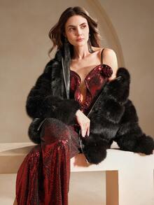 Anewsta 秋冬新款时尚淑女仿狐狸毛大衣，时尚毛茸茸面料外套 - 黑色 - 查看 4