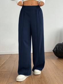 SHEIN PETITE 黑色Y2K纯色阔腿裤正装裤秋冬搭配 - 藏蓝色 - 查看 6