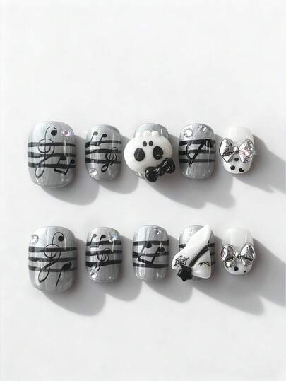Anime 10pcs Cute Bowknot Music Note Star Element High Quality Handmade False Nails + 3pcs Double-Sided Adhesive, Y2K French Style Rhinestone Chain Polka Dot Removable Nail Art Stickers, Suitable For Holidays, Parties, Dancing And Daily Wear