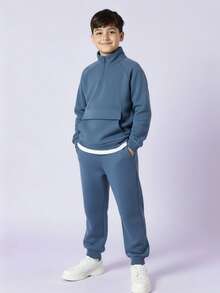 2pcs/Set Kids/Tween Boys' Blue Brushed Thick Crew Neck Sweatshirt And Pants Set, Autumn/Winter - Dusty Blue - View 1