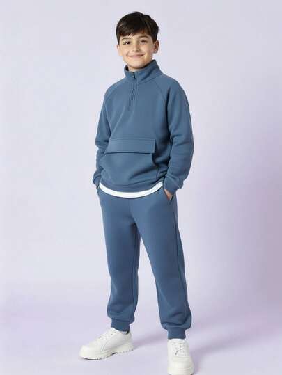 2pcs/Set Kids/Tween Boys' Blue Brushed Thick Crew Neck Sweatshirt And Pants Set, Autumn/Winter