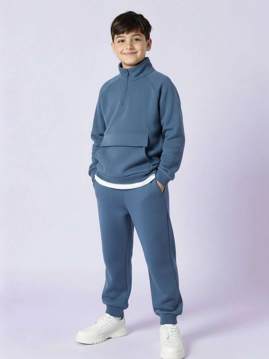 2pcs/Set Kids/Tween Boys' Blue Brushed Thick Crew Neck Sweatshirt And Pants Set, Autumn/Winter - Dusty Blue - View 1