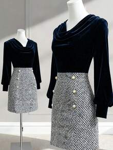 Franclia Vestido mini de mujer con solapa de terciopelo, parches de tweed y decoración de botones - Azul Marino - Ver 1