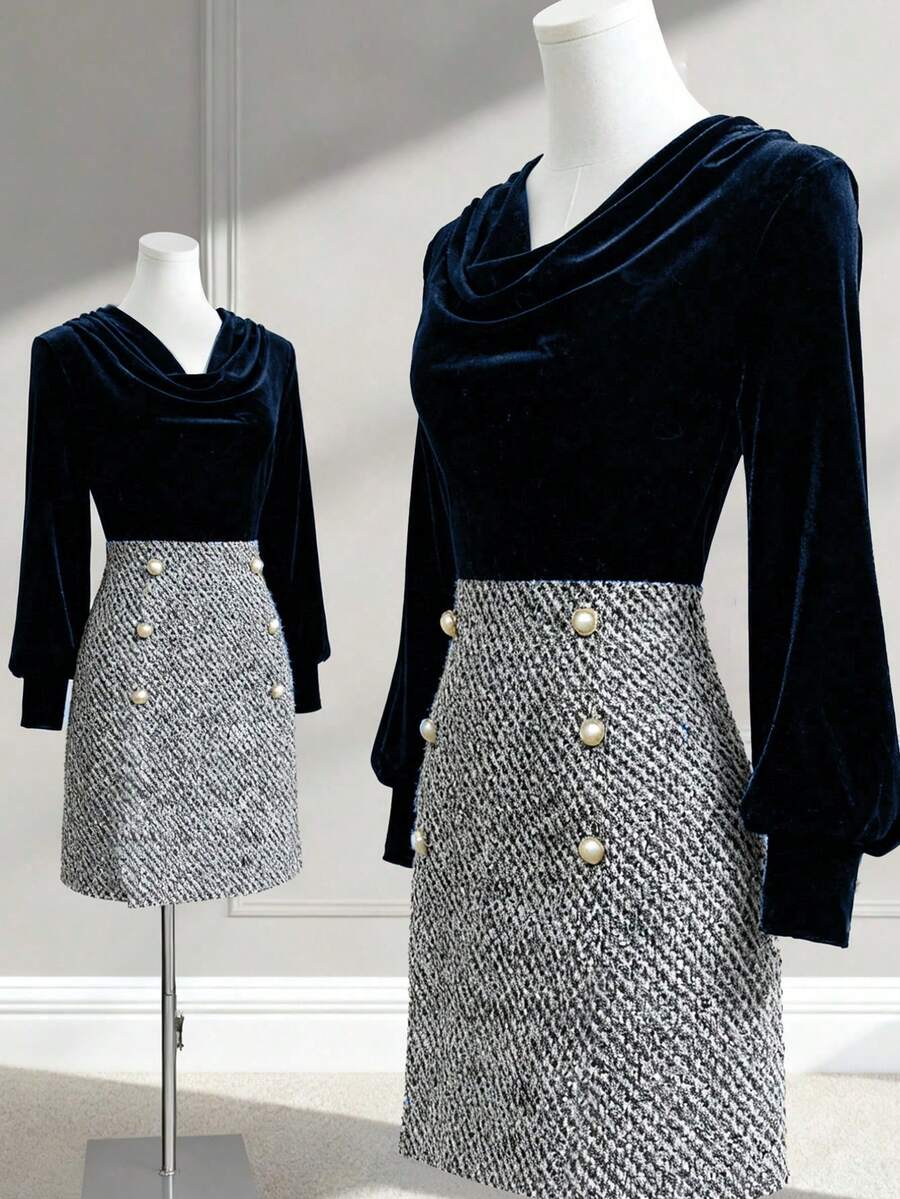 Franclia Vestido mini de mujer con solapa de terciopelo, parches de tweed y decoración de botones - Azul Marino - Ver 1