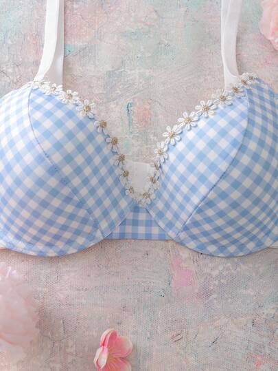 FloralLove Underwire, Molded Cup, High Support, 3D Floral Jacquard, Light Blue Plaid, Lace Patchwork, Romantic Pastoral Style Ladies Bra