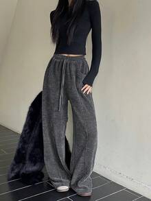 Livesso 女士休闲直筒裤，时尚灰色宽松商务通勤简约格纹条纹款，适合秋冬季穿着 - 灰色 - 查看 3