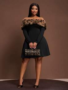 Veslaya 2025 New Autumn/Winter Faux Fur Patchwork Off Shoulder Long Sleeve A-Line Dress, Suitable For Party, Outing, Daily Wear, Gathering, Nightclub Plus Size Black Dress Curvy Black Dress Black Off Shoulder Dress Plus Size Leopard Trim Dress Black Skater Dress - Black - View 8