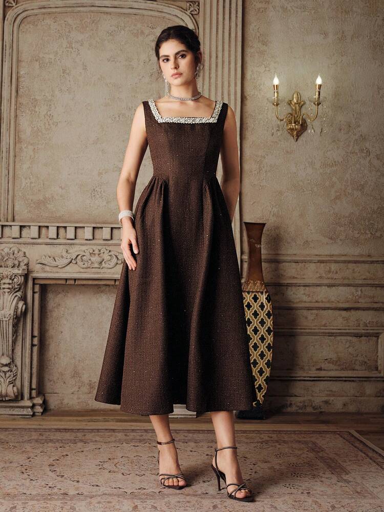 Women's Black French Elegant Square Neck Long Sleeve Flared Midi Dress, Early Autumn