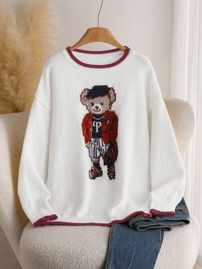 CosyJoli Suéter holgado de cuello redondo con diseño divertido de oso, estampado de oso, parches de colores contrastantes, para mujer talla grande, suéter de oso lindo para otoño/invierno