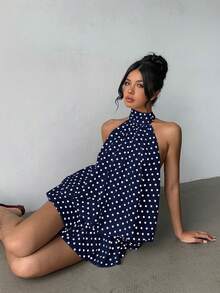 Aloruh Women's Elegant Polka Dot Print Halter Backless Mini Dress Polka Dot Halter Top - Navy Blue - View 5
