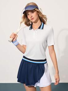 Gameset SHEIN Sport 撞色领短袖插肩休闲夏季运动Polo衫高尔夫球衫女款Polo衫女式Polo衫女式高尔夫服装运动裙网球高尔夫女式高尔夫服装 - 白色 - 查看 1