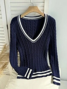 SHEIN EZwear 拼色V领长袖宽松休闲大码毛衣 - 寶藍色 - 查看 9