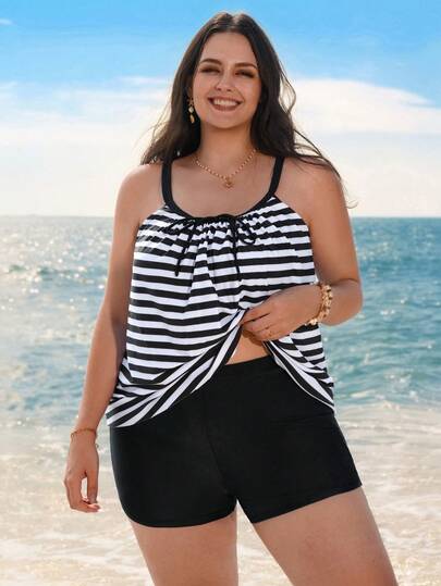 Swim Lushoire 大码女式条纹印花上衣和纯色平角短裤两件式坦克泳衣