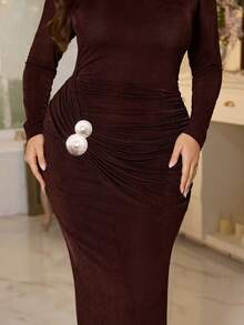 Modelyn Women's Ruched Long Sleeve Elegant Plus Size Dress - Brown - View 6
