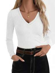 EMERY ROSE Camiseta casual de mujer de unicolor, cuello en V, manga larga, ajustada y acanalada