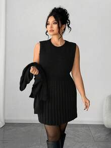 Elenzga Women's Elegant Sleeveless Dress With Long Sleeve Cardigan, Loose Fit Plus Size Knit Set, Outerwear, Winter Outfit