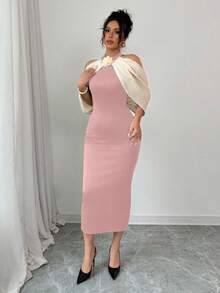 Elenzga Color Block 3D Floral Decor Off Shoulder Casual Dress Maxi Women Outfit - Dusty Pink - View 4