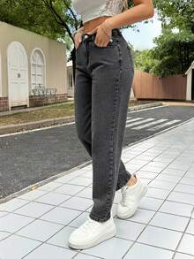 SHEIN PETITE PETITE 女式休闲修身锥形七分牛仔裤，蓝色低腰宽松牛仔裤，喇叭裤型女式牛仔裤，娇小女式牛仔裤 - 黑色 - 查看 6