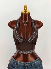 Amplova 大码女士时尚性感吊带刺绣背心 - 棕色 - 查看 1
