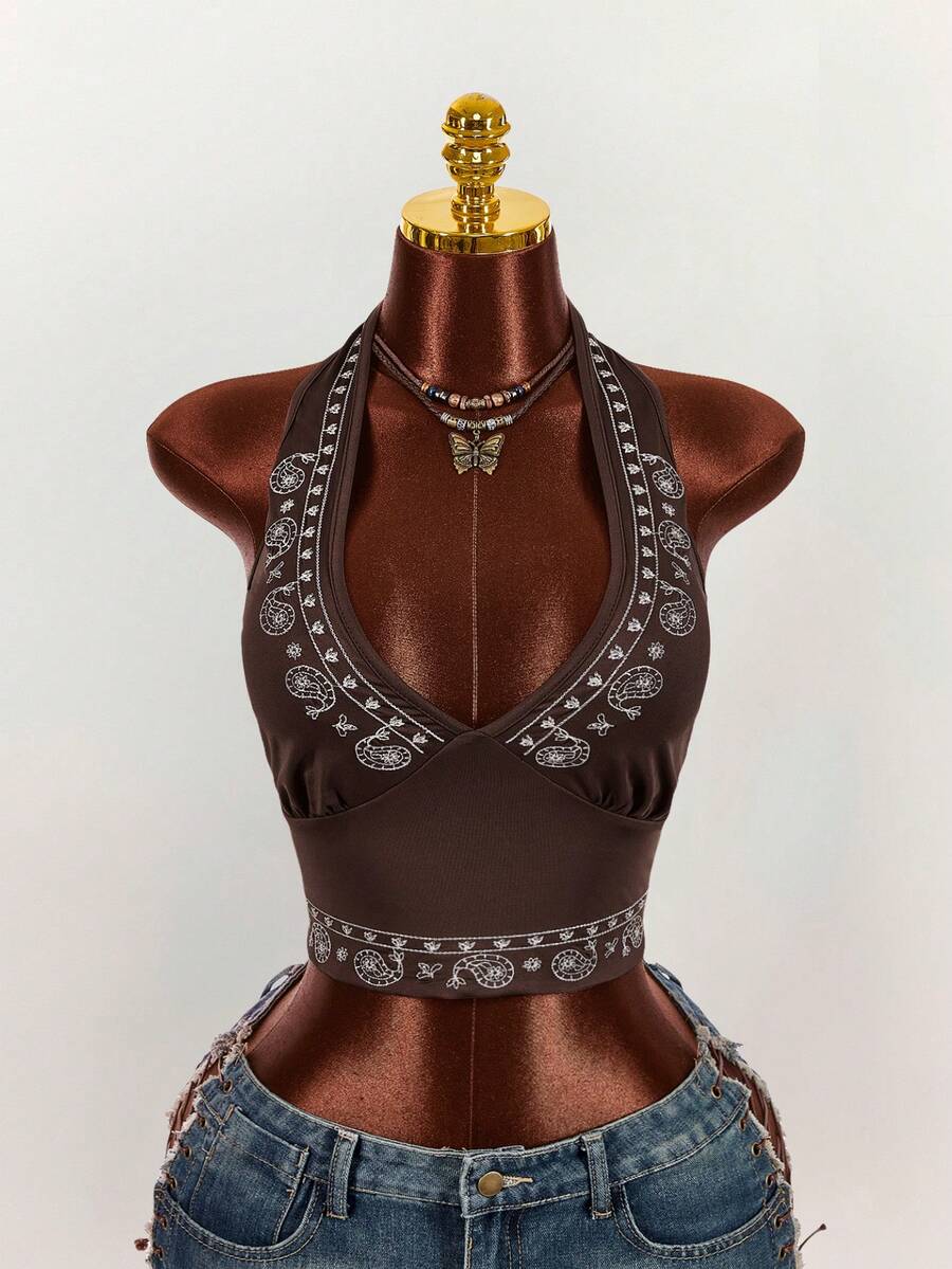 Amplova 大码女士时尚性感吊带刺绣背心 - 棕色 - 查看 1