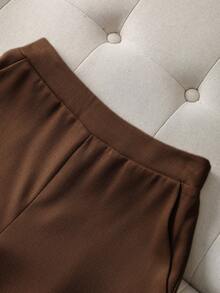 Franclia Setelan Dua Potong Elegan Warna Polos Rose Gold dengan Kancing 3D dan Leher Bulat Lengan Panjang untuk Wanita - Coffee Brown - View 6