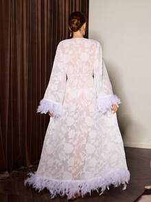 Slumberist Áo choàng nữ sang trọng, vải cắt xẻ gợi cảm trưởng thành, tay áo và gấu áo có viền lông sang trọng, mùa đông - trắng - Xem 2