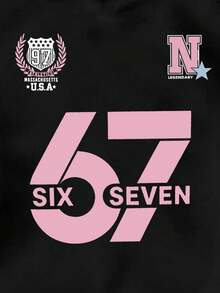 SHEIN GraphicGems Tween GirlsCasual Fashionable Creative Personalized Fresh Minimalist Pink Number 67 Letter Slogan Graphic Print Comfortable Sweatshirt, Cozy Fall & Winter Styles Suitable For Autumn/Winter - Black - View 6