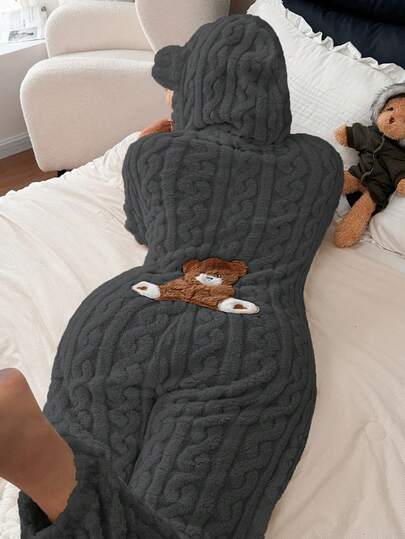 Dream Adore Plus Size Women's Animal Pattern Teddy Bear Embroidery Jacquard Cozy Hooded Jumpsuit Pajamas