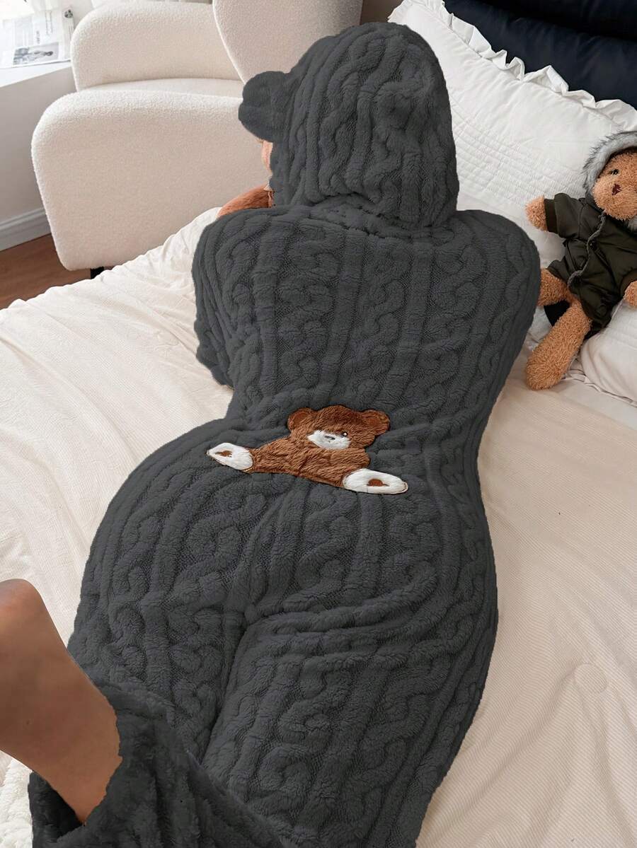 Dream Adore Plus Size Women's Animal Pattern Teddy Bear Embroidery Jacquard Cozy Hooded Jumpsuit Pajamas - Grey - View 1