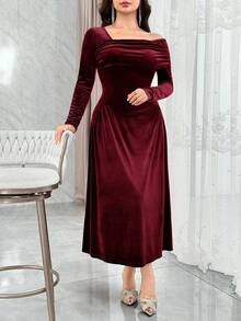 Modelyn 优雅不对称肩部收腰A字型派对连衣裙 - 酒紅色 - 查看 5