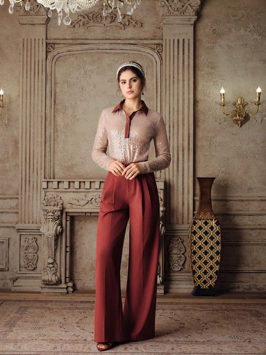 Anewsta Commuting College Sequins Embroidery Turndown Collar Long Sleeve Partial Placket Women Shirt - Khaki - View 1