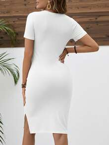 SHEIN Maternity Solid Color Round Neck Short Sleeve Ruched Casual Bodycon Dress World Cup - White - View 2