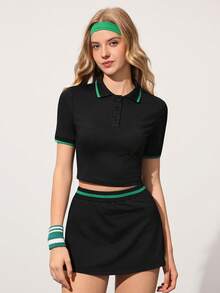 CourtClass 2PCS Women Casual Sports Button-Up Short Sleeve Top & Skort Set Two Piece Tennis Skirt Set Athletic Skirt Set Golf Skirt Set Golf Women Dress - Black - View 1