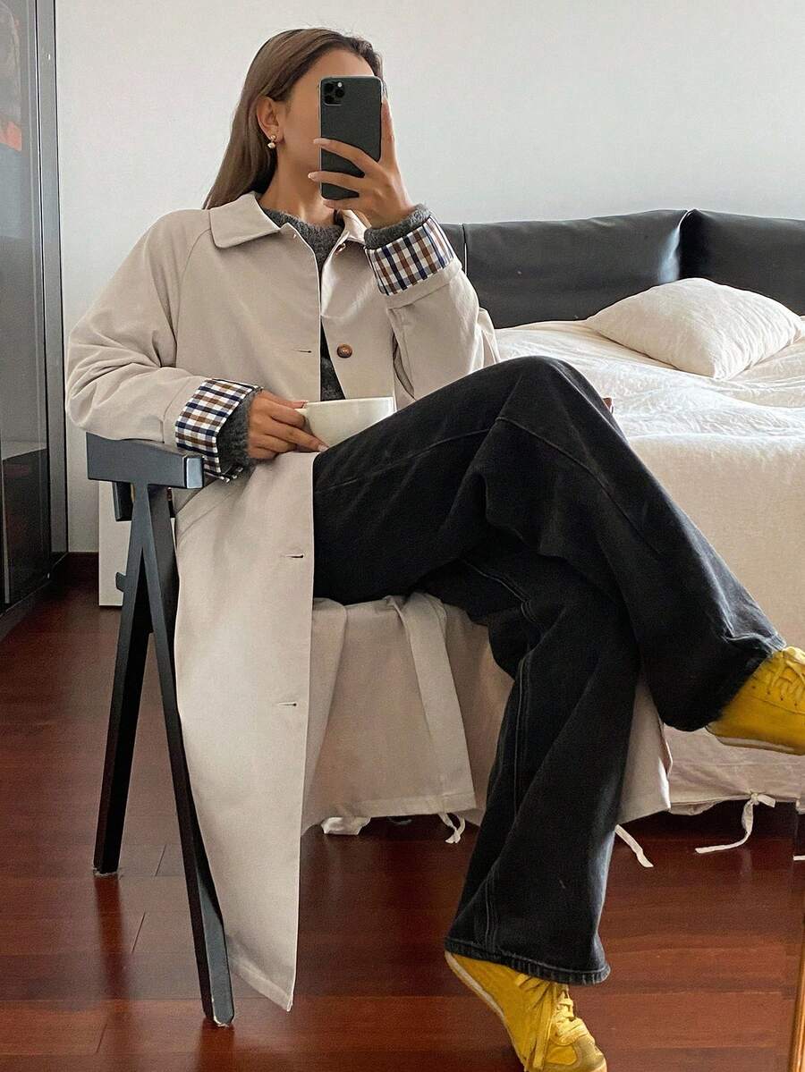 Livesso 女士宽松休闲加厚商务休闲外套，秋冬新款女式外套 - 杏色 - 查看 1