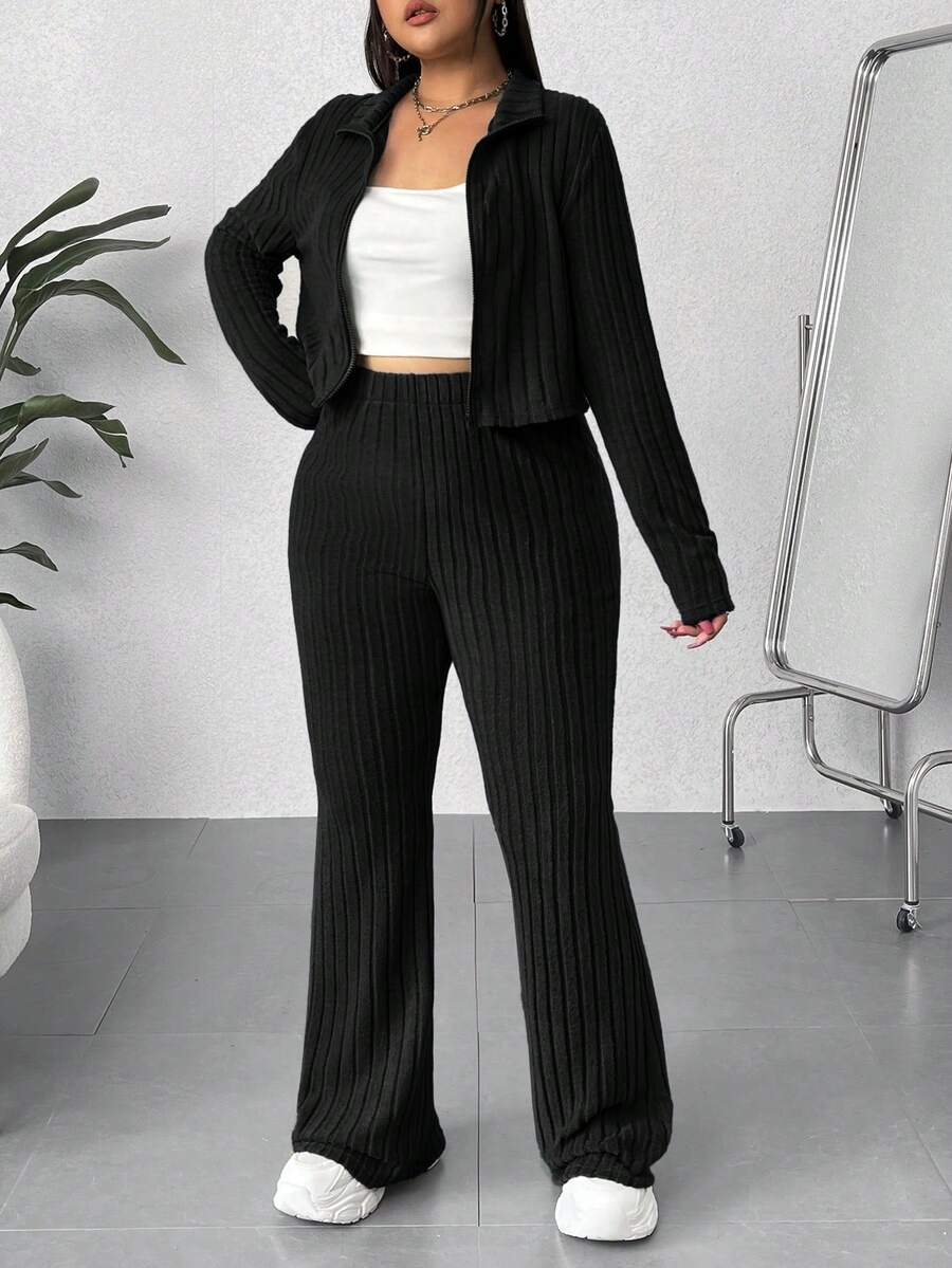 SHEIN EZwear Plus Size Solid Color Zip-Up Long Sleeve Top And Ribbed Long Pants 2 Pieces Set