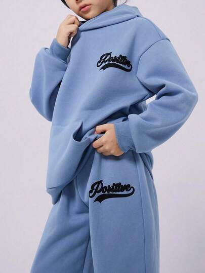 Tween Boy Casual Loose Fit Letter Graphic Long Sleeve Hoodie And Elastic Waist Pants Set, Suitable For Autumn/Spring, Outdoor Play, School, Street Style, Party And Leisure