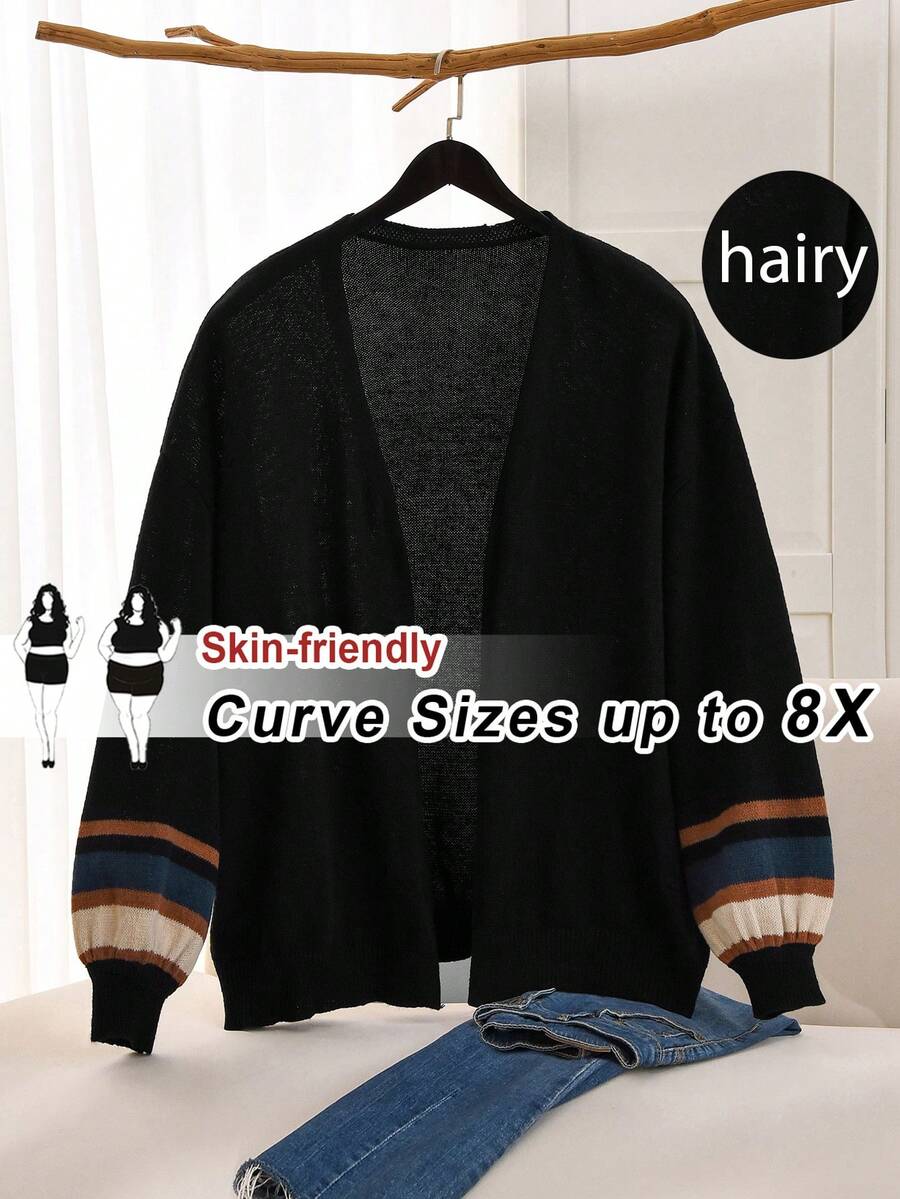 SHEIN CURVE+ Cárdigan informal de talla grande con bloques de color y rayas, otoño/invierno - Negro - Ver 1