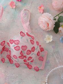 FloralLove Áo ngực ren hồng có gọng vá, nâng đỡ cao, nâng đỡ và xếp ly, đồ lót nữ dễ thương và quyến rũ - Hồng - Xem 3